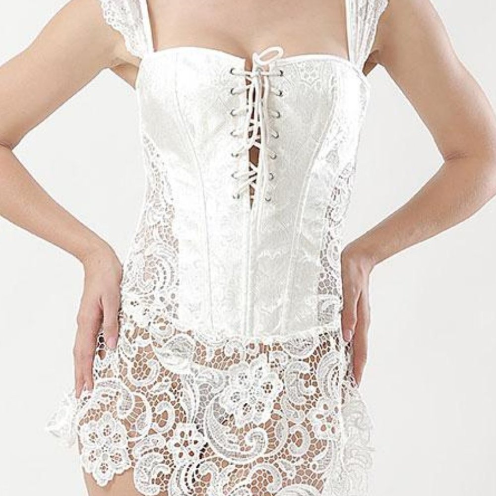 Burlesque White Corset Dress Lace Skirt with Zipper Back-2XL.